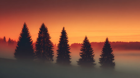 Foggy morning in the winter forest. 3d render illustrationの素材