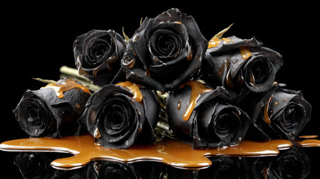Black roses with caramel on a black background. Shallow depth of field.の素材