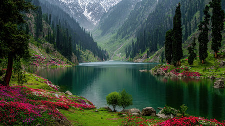 Mountain lake with azalea flowers in Himalayas, Nepalの素材