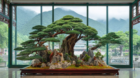 Bonsai tree in a glass window of a Chinese garden.の素材