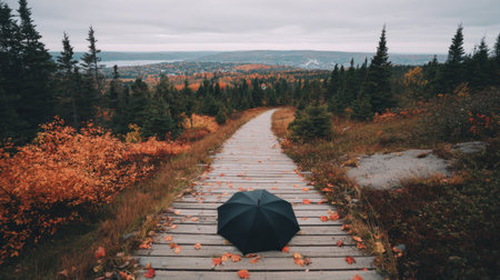 Beautiful autumn landscape with wooden path and umbrella in the forest.の素材