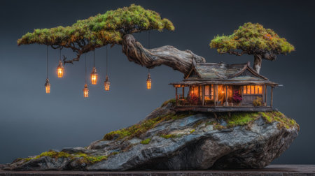 Bonsai house on the rock with lamp. 3D renderingの素材