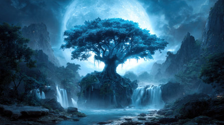 Fantasy landscape with big tree and waterfalls on full moon backgroundの素材