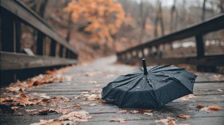Black umbrella on a wooden bridge in the autumn park. Autumn concept.の素材