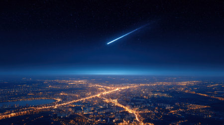 A comet flies over a city in the night. 3d renderingの素材