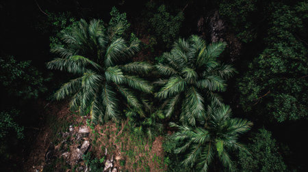 Aerial view of palm trees in tropical forest at night. Nature backgroundの素材