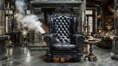 Luxury black leather armchair with smoke in the interior of an old castleの素材