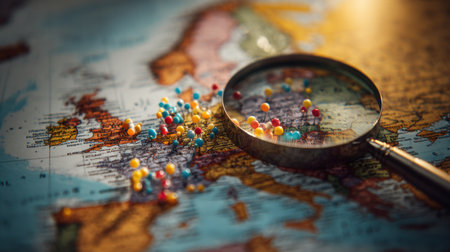 Magnifying glass and colorful pins on a world map. Selective focus.の素材