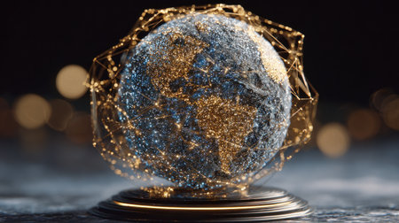 Globe with glowing particles. Global network connection. 3D renderingの素材
