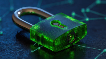 Green padlock on a dark background. The concept of security and protection of data.の素材