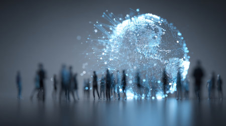 3D rendering of a group of people and a world map hologramの素材