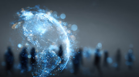 Global business network concept. 3d rendering toned image double exposureの素材
