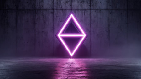 Glowing neon pyramid in dark empty room. 3D rendering.の素材