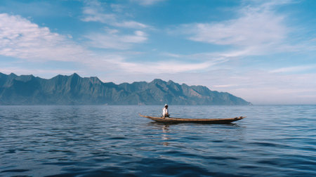 Fisherman in a boat on the sea. 3d renderの素材