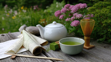tea ceremony in the garden on a wooden table with green teaの素材
