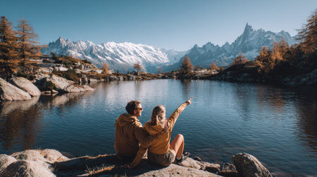 Couple in love sitting on a rock by the lake and looking at the mountainsの素材