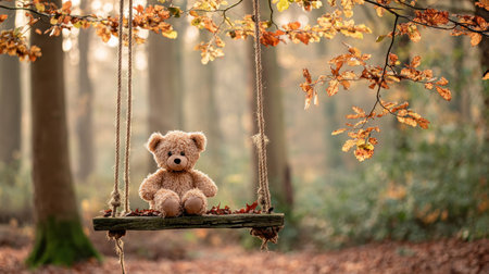 Teddy bear sitting on a swing in the autumn forest with fallen leavesの素材