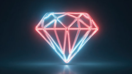 Glowing neon diamond icon on dark background. 3D Renderingの素材