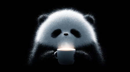 Panda bear with a cup of coffee on a black background.の素材