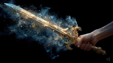 Close up of human hand holding sword with fire and smoke on black backgroundの素材