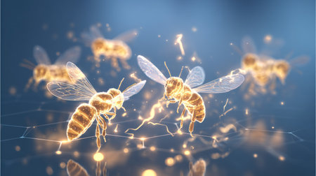 3d rendering of bees flying on a blue background with lines and dotsの素材
