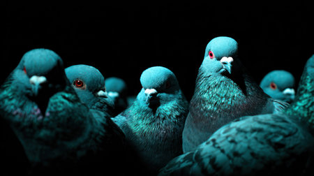 Group of pigeons isolated on black background. Selective focus.の素材
