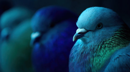 Pigeons in the aviary. Blue and green colors.の素材