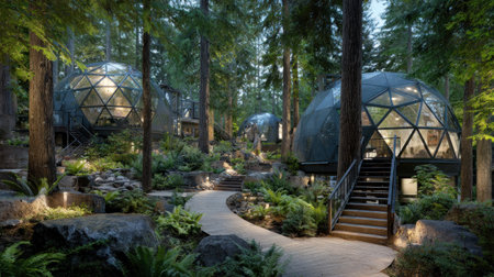 Greenhouse in the forest with a path leading to the entrance.の素材