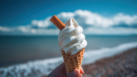 Ice cream cone in hand on the background of the sea and skyの素材