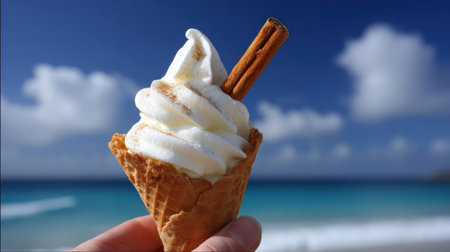 Ice cream cone with cinnamon stick and star anise on the beachの素材