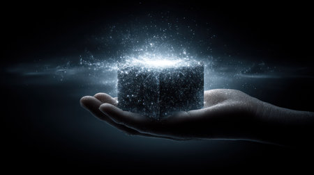 Hand holding cube with glowing light and dark background. 3D renderingの素材