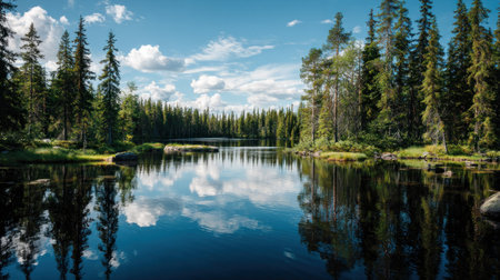Beautiful summer landscape with lake and pine forest in the background.の素材