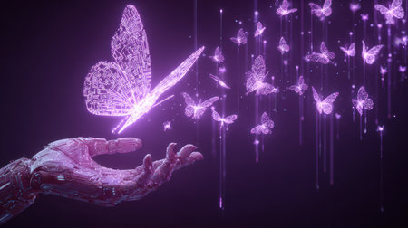 Glowing butterfly in hand against purple background with vignette 3dの素材