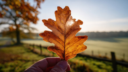 Autumnal oak leaf in hand on the background of autumn landscapeの素材
