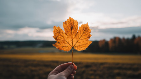 Autumn maple leaf in hand on a background of the autumn landscapeの素材
