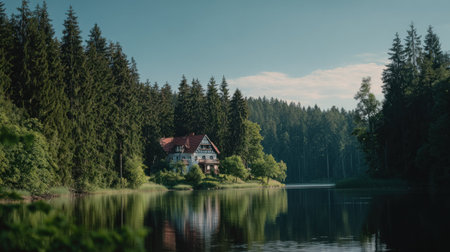 Beautiful summer landscape with a lake and a house in the forestの素材
