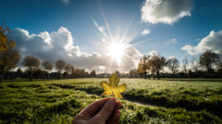 Autumn leaf in hand on the background of the sun and blue skyの素材