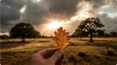 Autumn oak leaf in hand with sun rays and clouds in the backgroundの素材