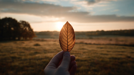 Autumn leaf in hand on a background of the setting sun.の素材