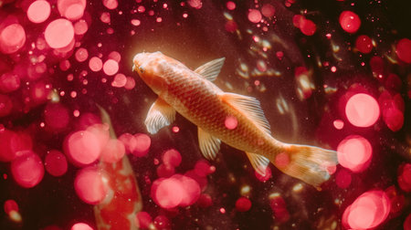 goldfish in aquarium with red bokeh background, vintage styleの素材