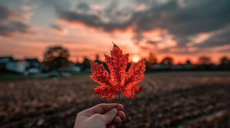 Maple leaf in hand on sunset background. Autumn season concept.の素材