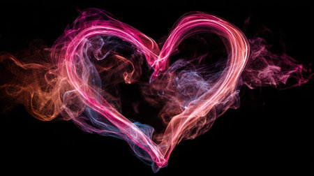 Red and pink smoke heart shape on black background. Abstract background.の素材