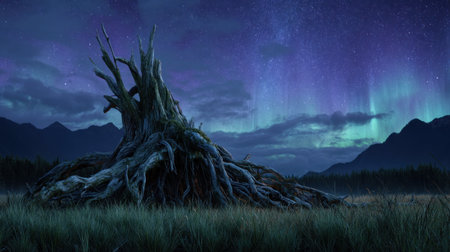 Fantasy landscape with a tree in the foreground and the Milky Wayの素材