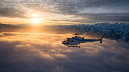 Helicopter flying above the clouds at sunset. Aerial view.の素材