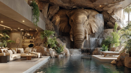 3d rendering of an elephant statue in a pool in a hotelの素材