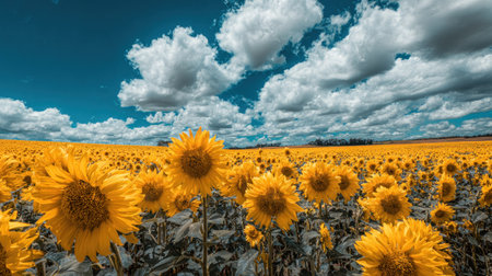 Field of sunflowers on a background of blue sky with cloudsの素材