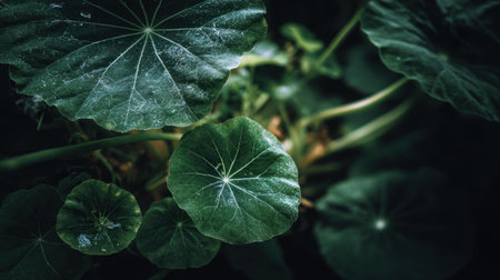 Green leaves of Centella asiatica with water drops.の素材
