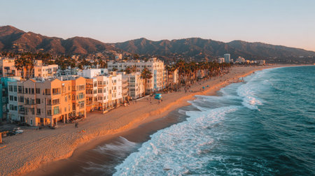 Aerial view of Santa Monica Beach at sunset, Los Angeles, California, USAの素材
