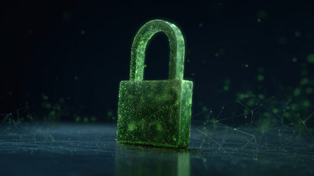 3D rendering of a green glowing padlock on a dark backgroundの素材