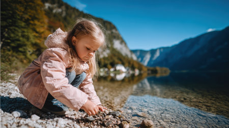 Little girl sitting on the shore of a lake in the mountains and looks into the distanceの素材